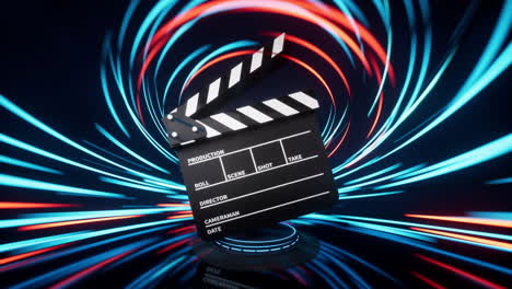 tablero de clapper con fondo de efecto de líneas de giro, renderización 3d.