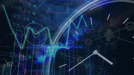 Animation-Von-Diagrammen,-Digitaluhr,-Karte-Und-Handelstafel-Auf-Schwarzem-Hintergrund