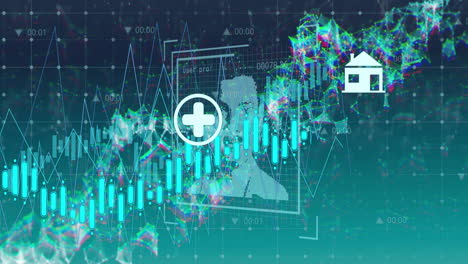animation of digital data processing over icons and biometric photo