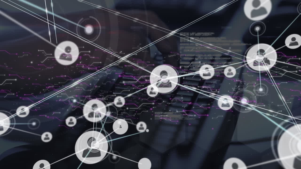 animación de la red de conexiones y manos utilizando computadora sobre procesamiento de datos