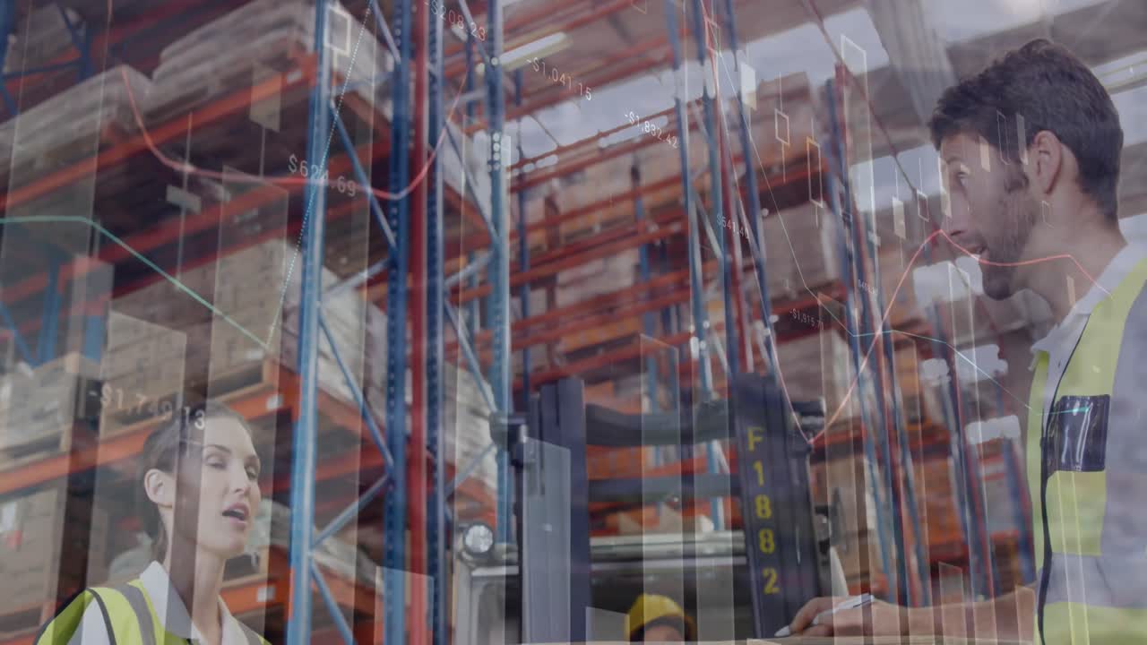 animación del procesamiento de datos sobre diversos trabajadores masculinos y femeninos discutiendo en el almacén