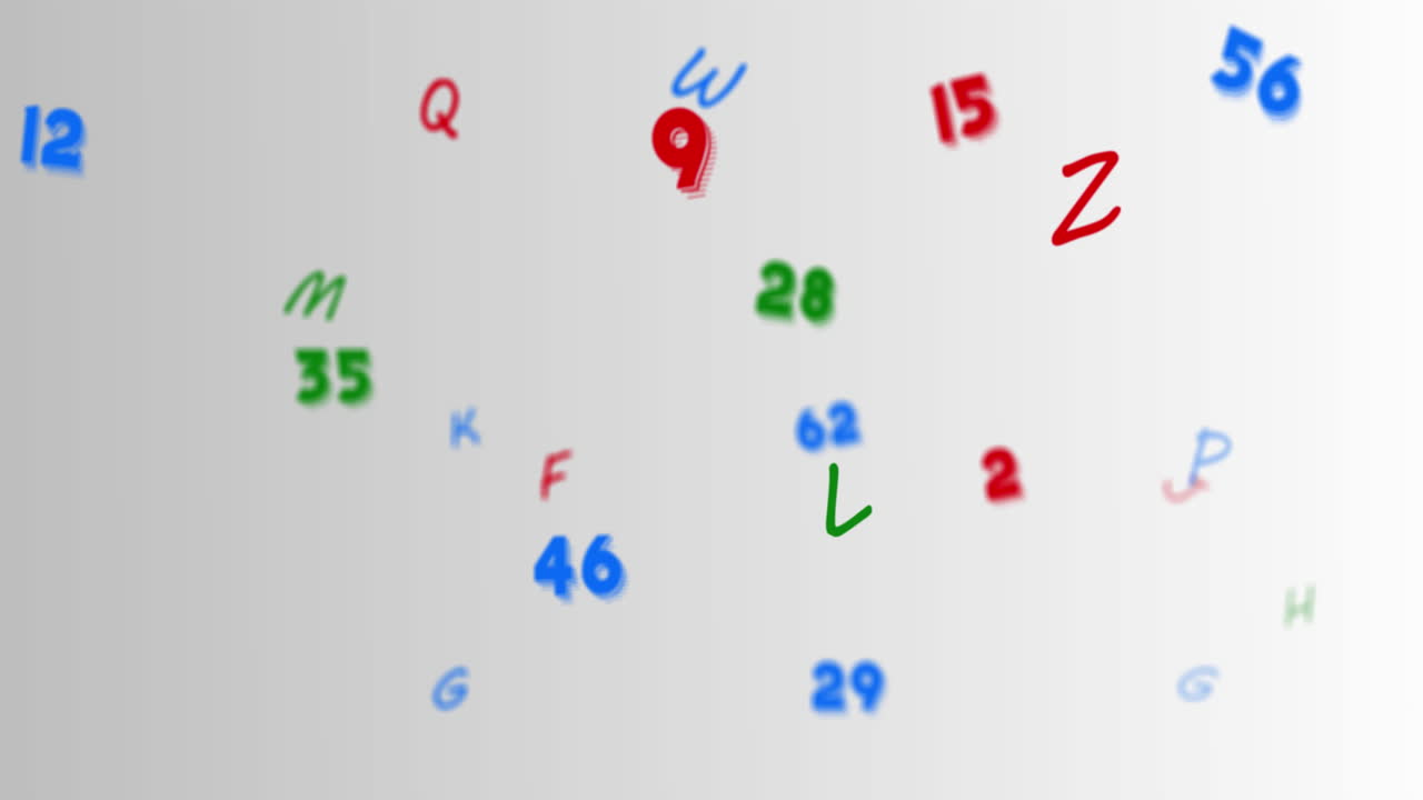 Digital animation of multiple numbers and alphabets floating against grey background