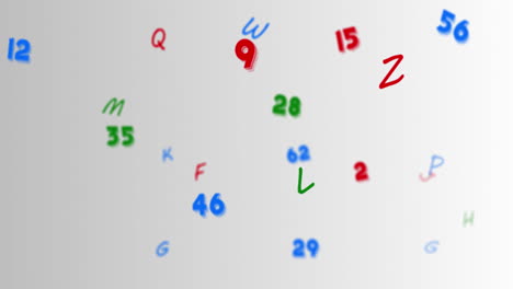 animación digital de múltiples números y alfabetos flotando contra un fondo gris