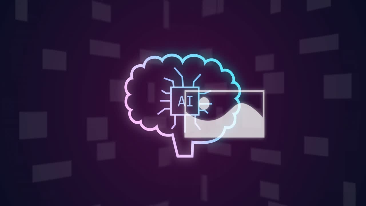 animación del cerebro con texto ai e imágenes de paisajes sobre fondo negro.