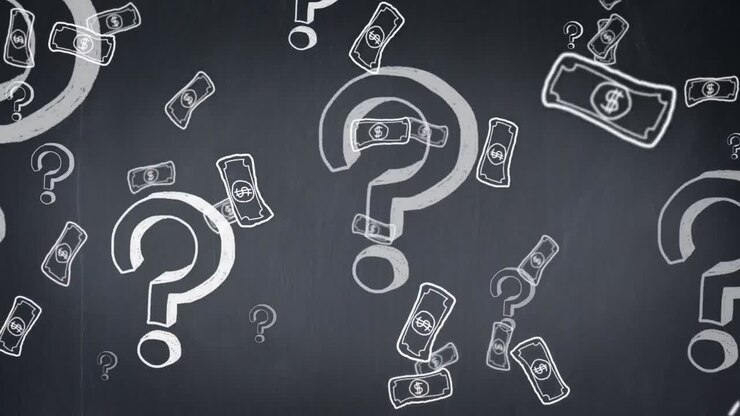 Animation of question marks and dollar icons on grey background