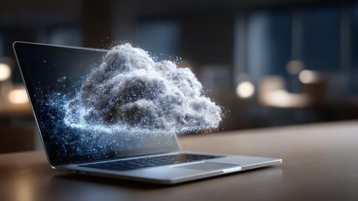 A laptop displaying a captivating cloud of digital particles, blending technology and creativity in a mesmerizing visualization of virtual data and digital art concepts