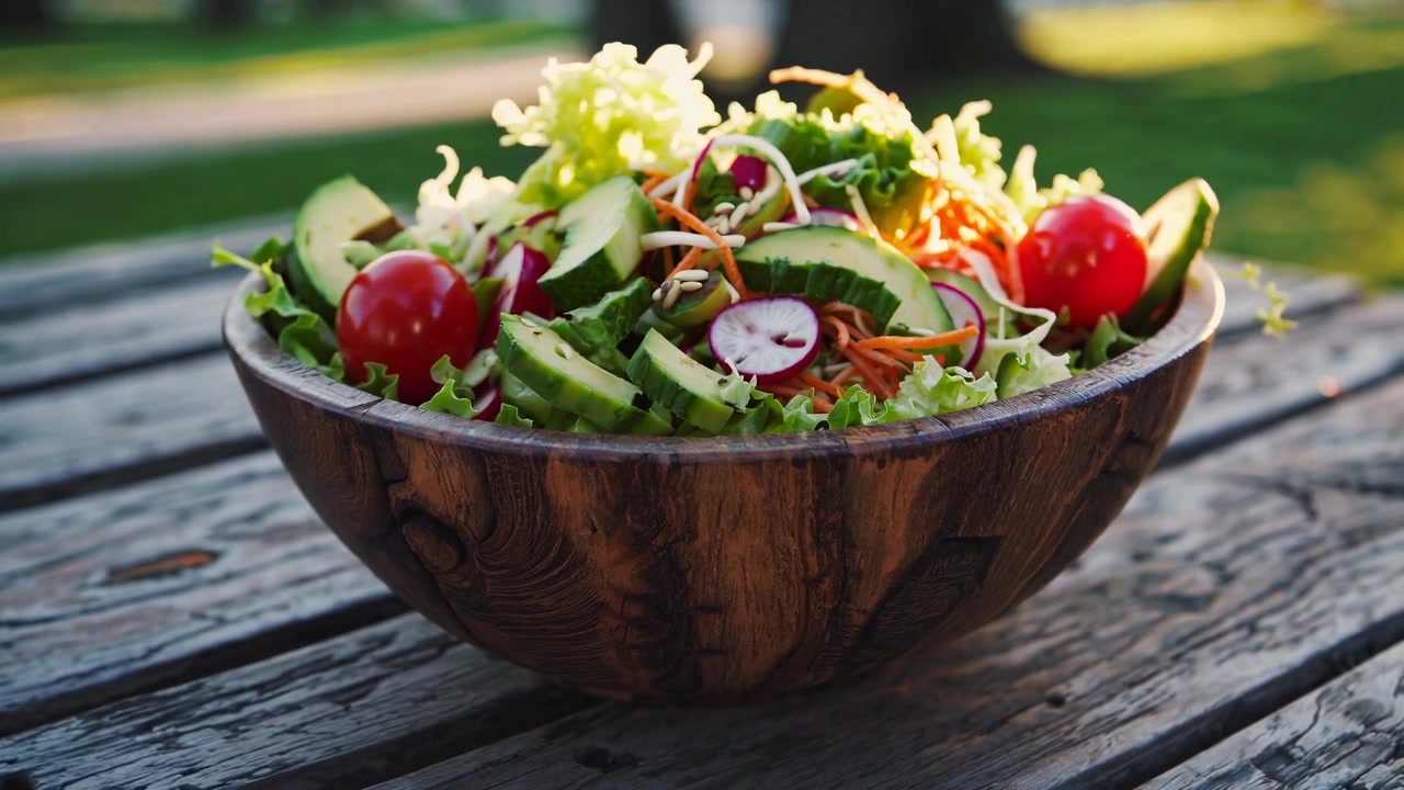 Nærbilde av en frisk, sunn salat i en treskål på et rustikt bord