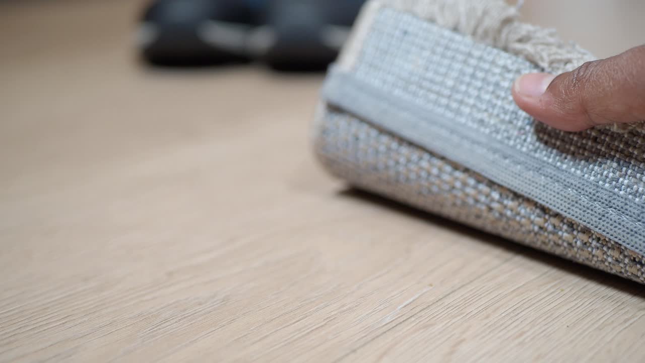 poniendo una nueva alfombra en un piso de madera