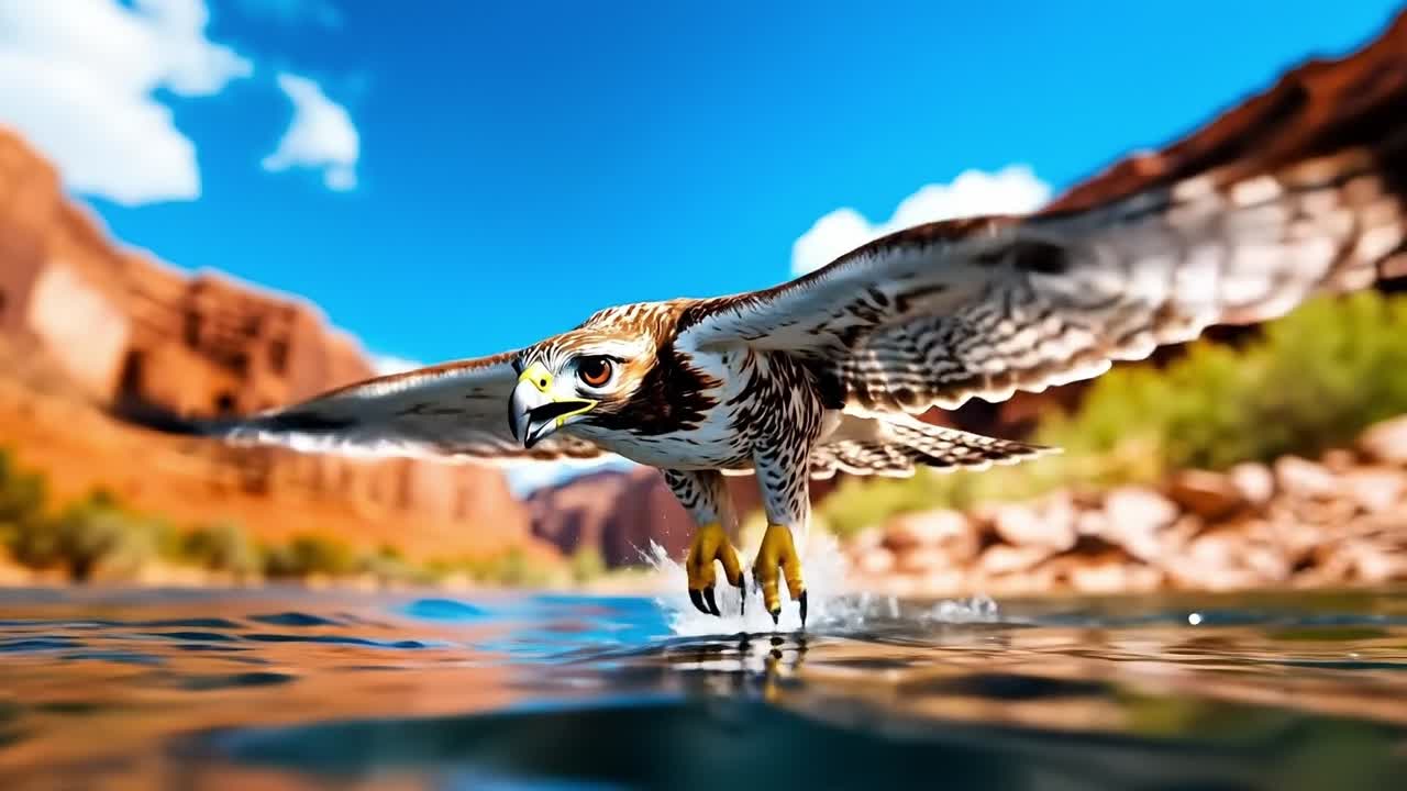 A bird of prey flying over a body of water