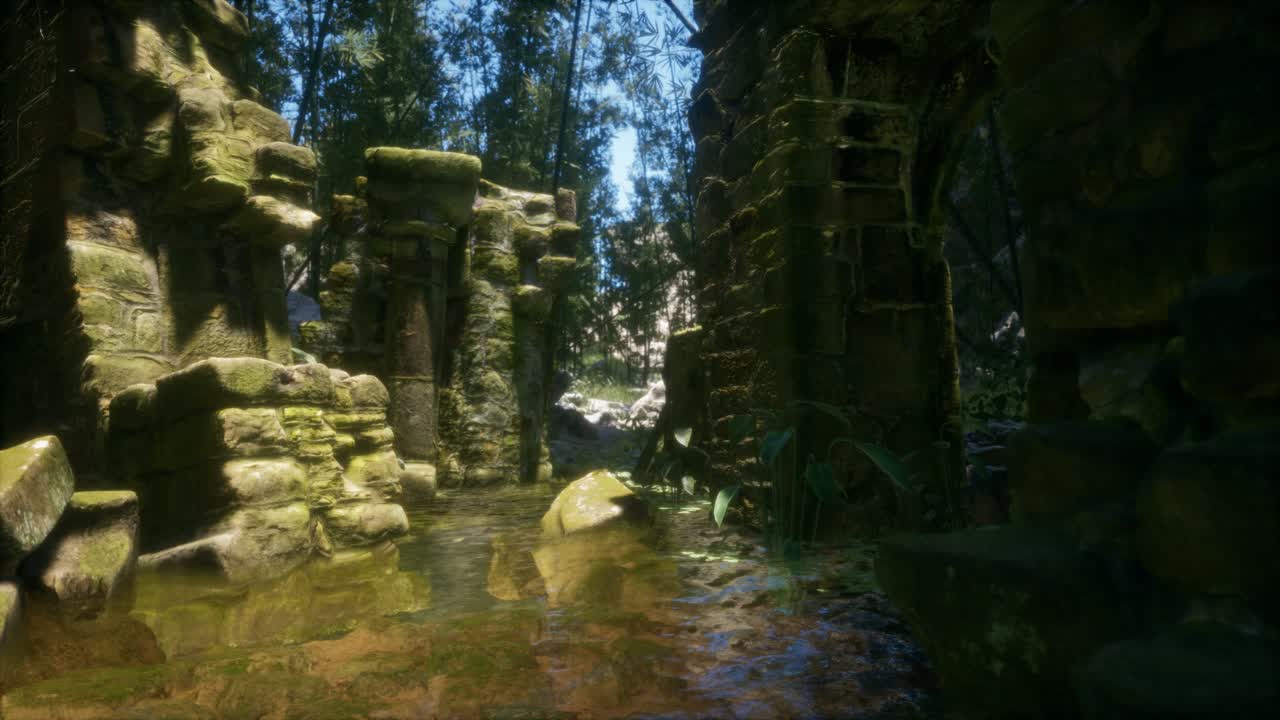 Rovine in pietra in una foresta, antico castello abbandonato