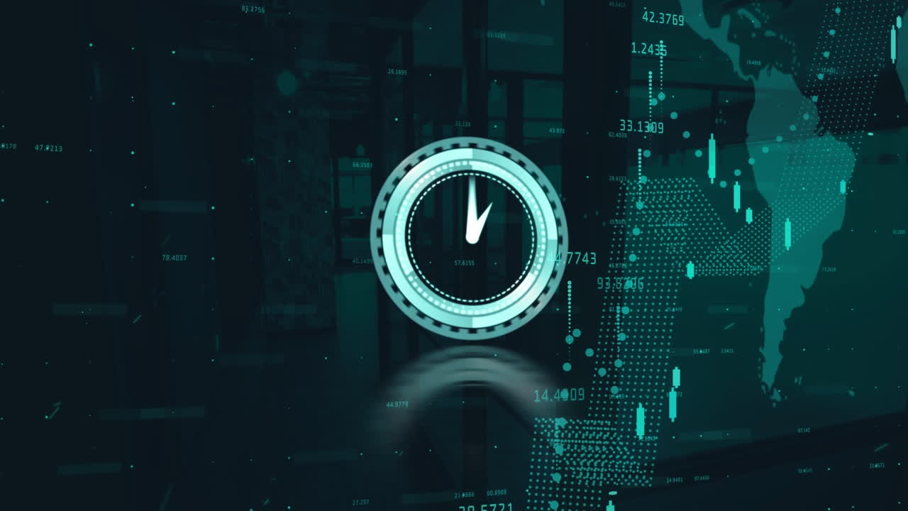 Animation of clock moving fast and data processing over world map