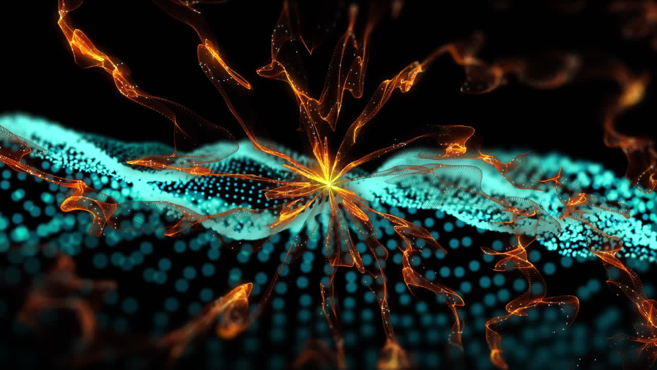 Animation of glowing orange energy network, over undulating blue dot landscape on black background