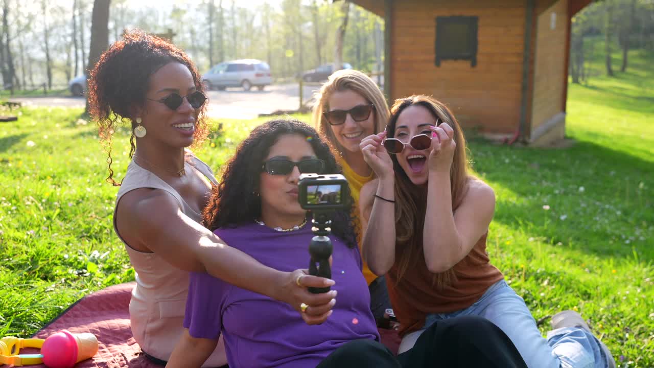 Group of friends having a picnic and taking selfies in the park