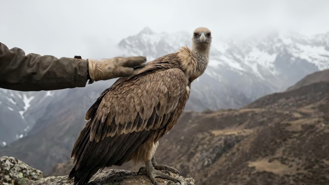 Una mano guantata accarezza un maestoso avvoltoio sulla cima di una montagna