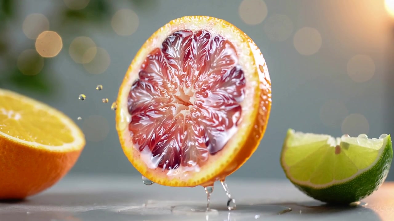 Fetta d'arancia che ruota sul bancone dopo lo zoom, succo che gocciola, che risplende con un'arancia e un lime tagliati a metà.