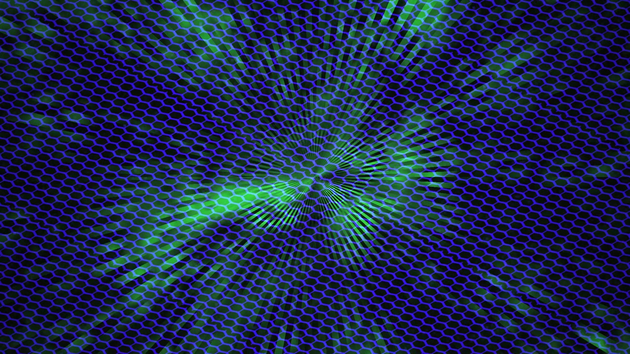 Abstract Green Light Rays Behind Dark Hexagonal Grid Pattern
