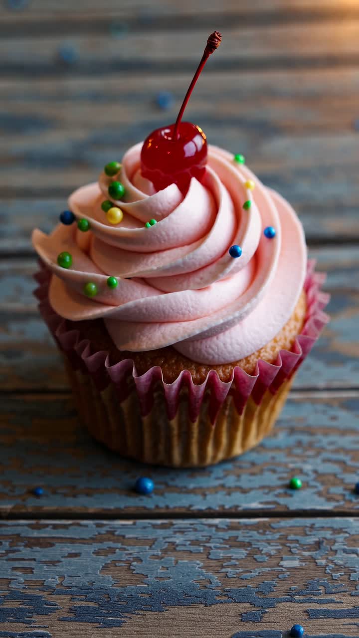 Inquadratura video ravvicinata di un cupcake con glassa rosa, zuccherini colorati e una ciliegina sopra