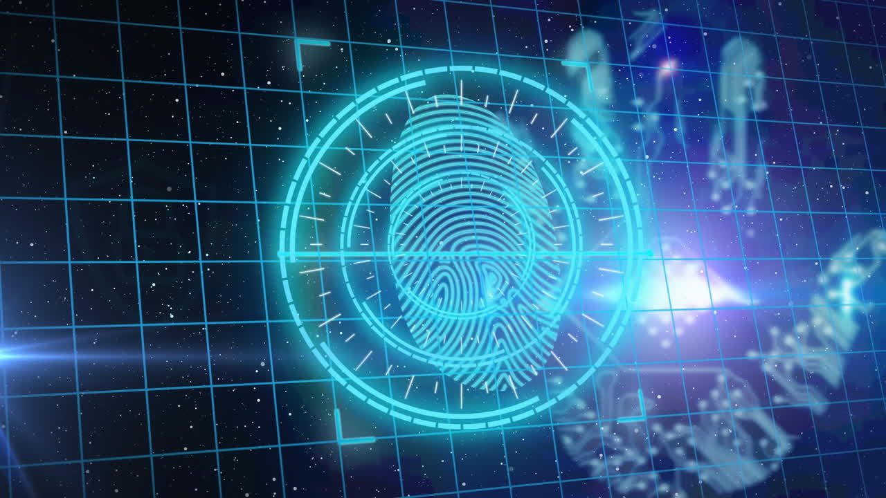 круглый сканер над биометрическим сканером отпечатков пальцев и замком безопасности на синем фоне