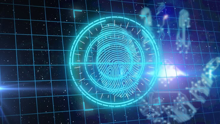Round scanner over biometric fingerprint scanner and security padlock against blue background