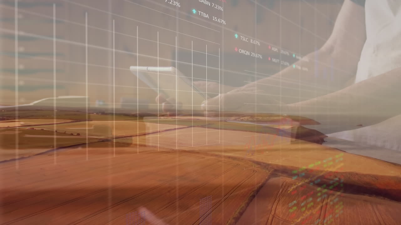 animación del procesamiento de datos del mercado de valores sobre los campos agrícolas contra la mujer usando tableta digital