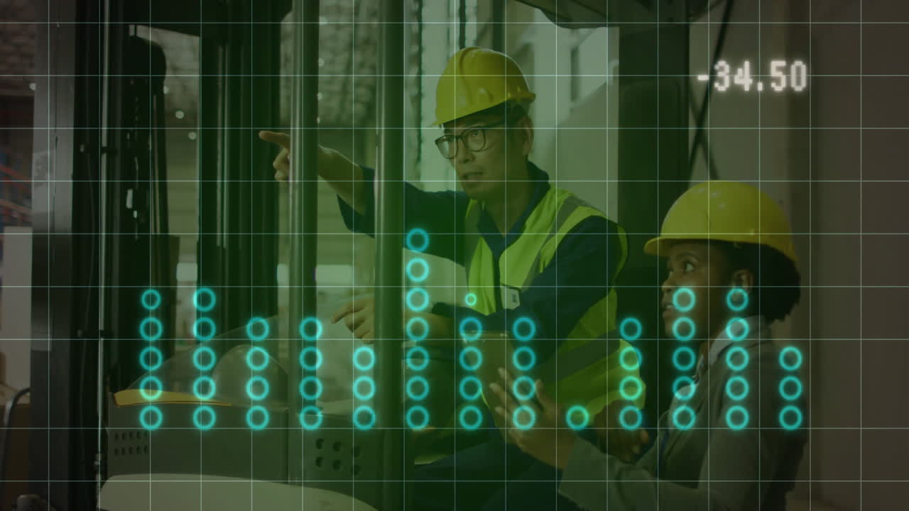 Animation of financial data processing over diverse workers in warehouse