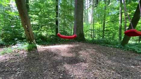 slow motion shot of empty swing moving during beautiful day in forest