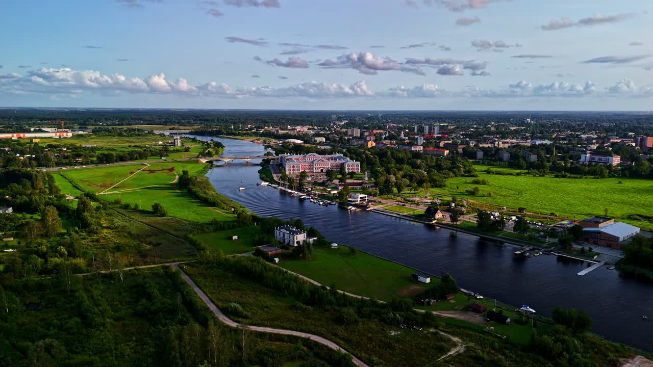 Aerial view of Jelgava Palace on the shore of Lielupe River in summer evening