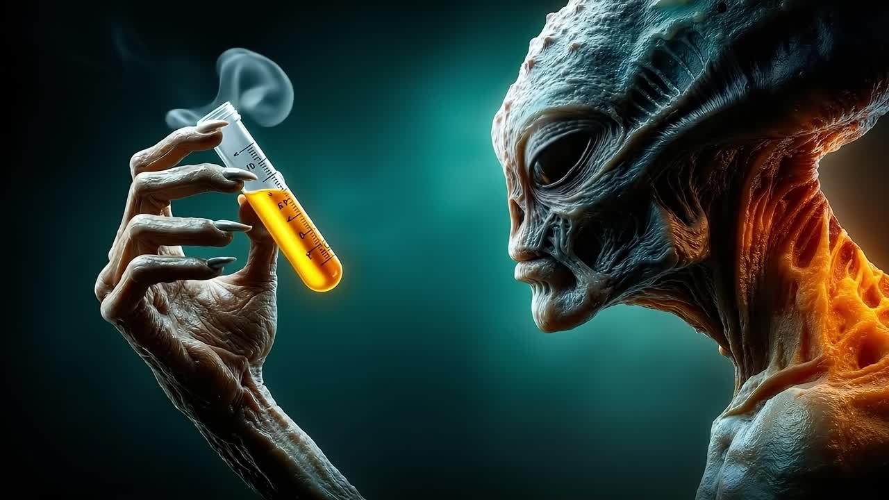 An alien holding a syssor in his hand