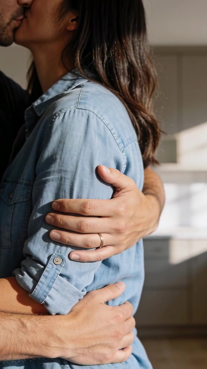 Video verticale: Uomo che avvolge le braccia tirando la partner che si bacia teneramente in cucina, anello e denim visibili.