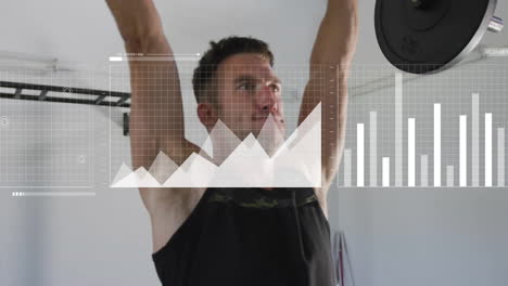 animación de procesamiento de datos sobre hombre caucásico levantando barra en el gimnasio