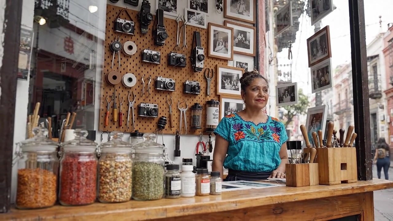 Fachada Encantadora de Loja de Artesanato com Itens Feitos à Mão, Ingredientes Coloridos e Câmeras Vintage em um Cenário Urbano Vibrante com Atmosfera Criativa