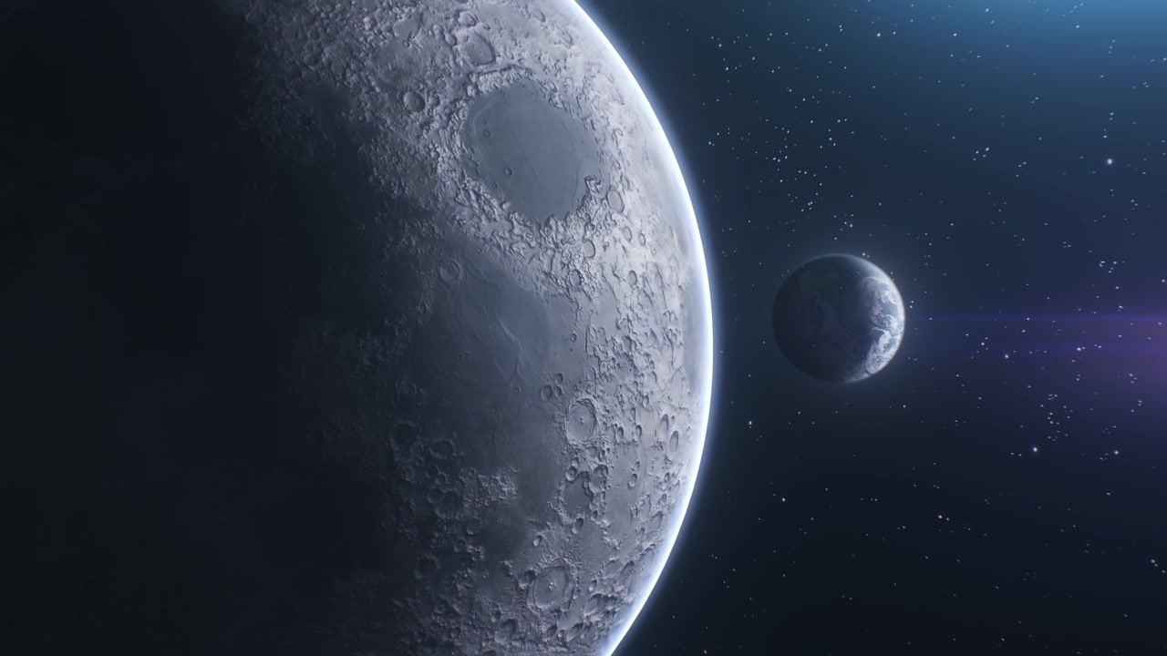 Voo de câmera cinematográfico revelando a Terra por trás da lua.