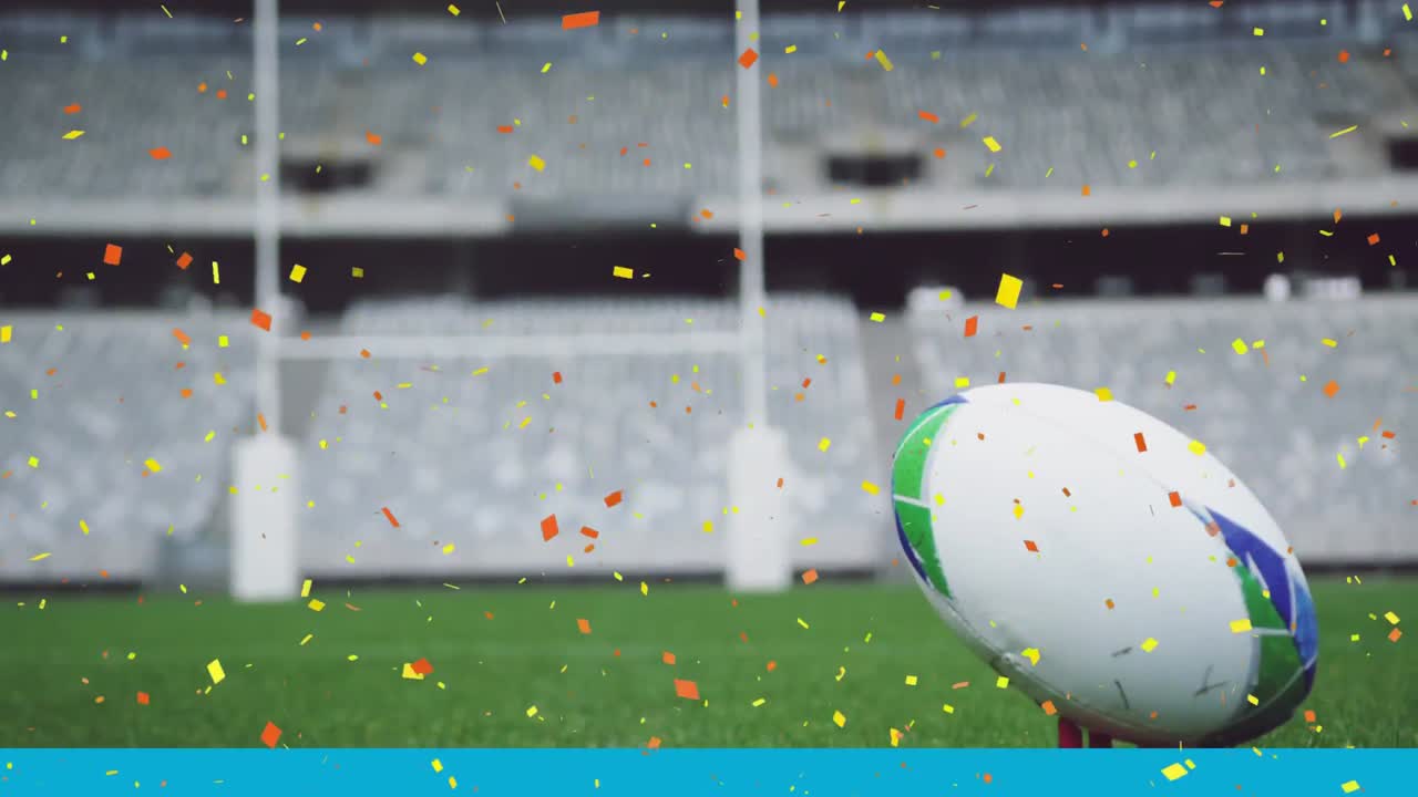 야구장에서 누워 있는 럭비 공 위에 떨어지는 오렌지색과 노란색 콘페티의 애니메이션