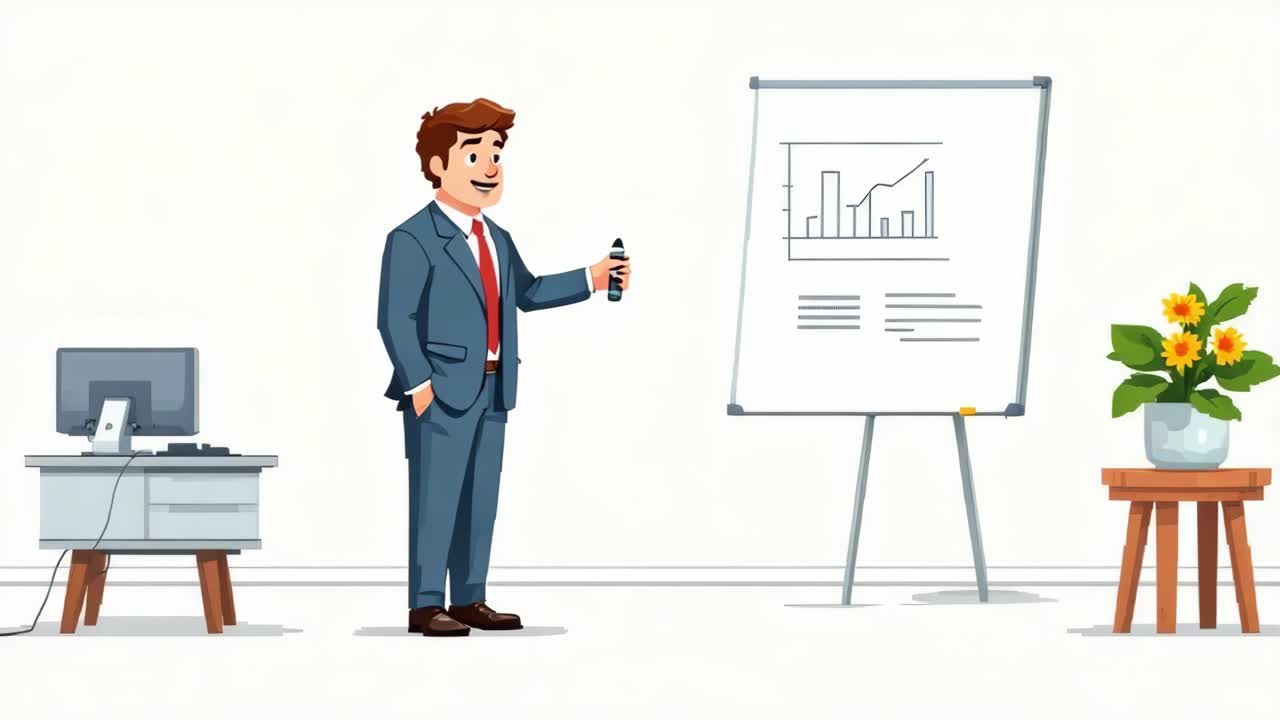 Businessman in a suit presenting data on a whiteboard, holding a marker, with a computer and potted plant in a modern office environment, showcasing professional growth and strategy