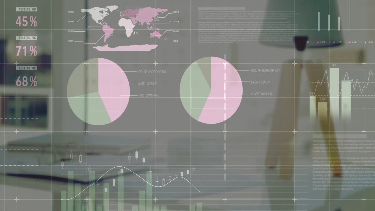 animación de la interfaz infográfica sobre la lámpara de mesa y el portátil en el escritorio