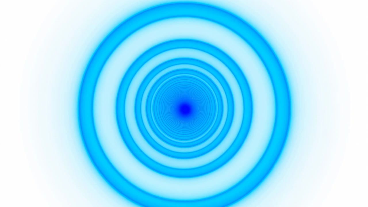 Blå koncentriske ringe, der pulserer indad, blød neonglød og subtil vibration, glat udvidelse skaber hypnotisk.