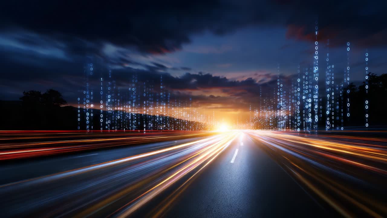 Un'esperienza visiva accattivante ricreata attraverso la lente della velocità, della luce e della tecnologia, che mette in mostra una scena autostradale dinamica in cui elementi digitali e scie luminose vibranti convergono al tramonto.