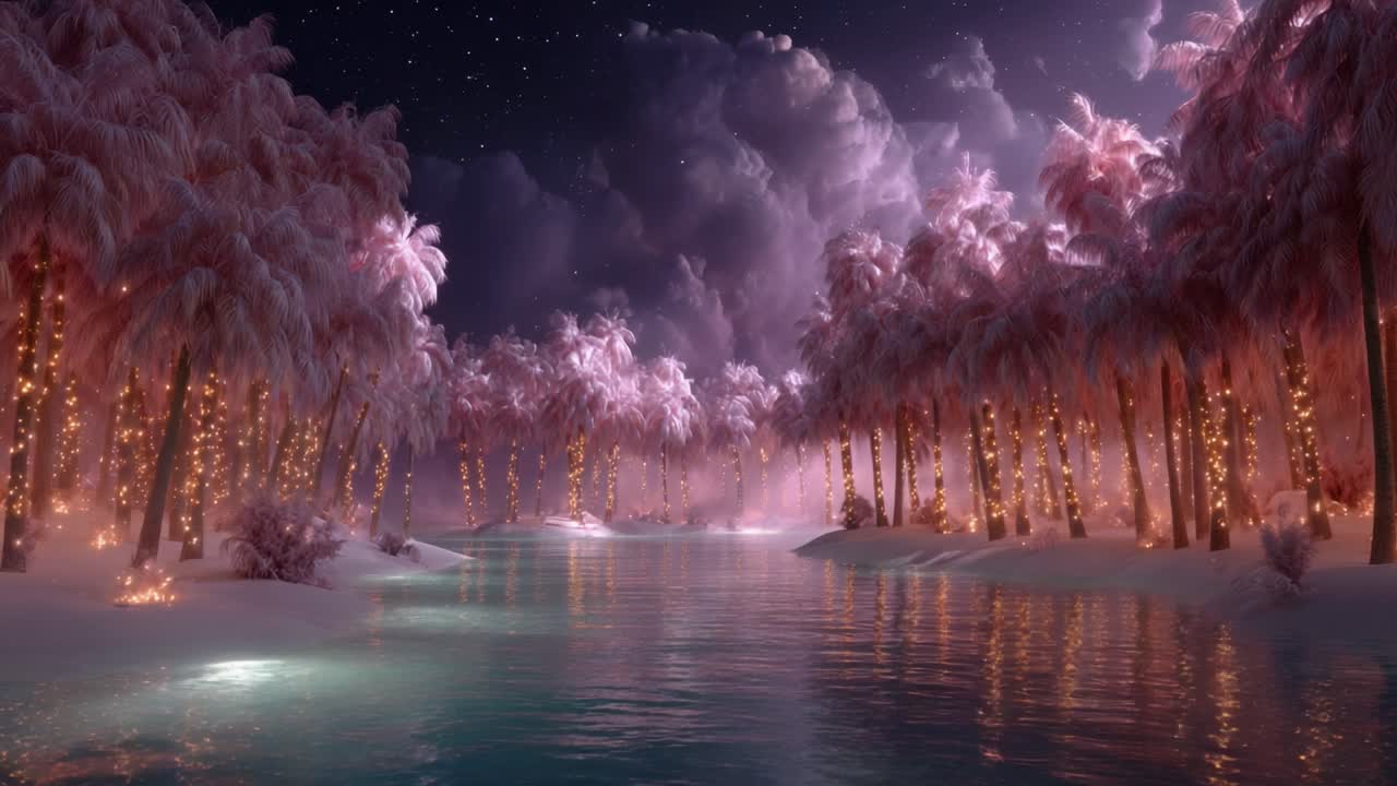 A Dreamy Twilight Oasis: Enchanted Pink Palms and Reflections in a Tranquil River Under a Starry Sky