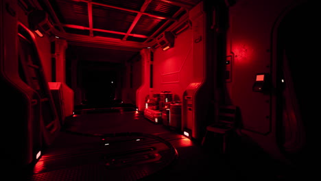 a dark and futuristic spaceship corridor with red lights