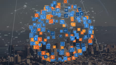 animación de la red de conexiones con iconos sobre el paisaje urbano