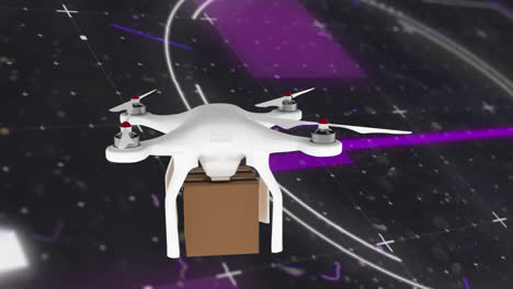 animation of drone carrying cardboard box over scope scanning on black background