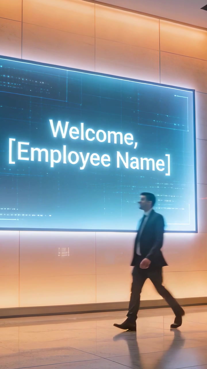 Vertical video: Entering man in suit walking across office lobby, pausing to read welcome display