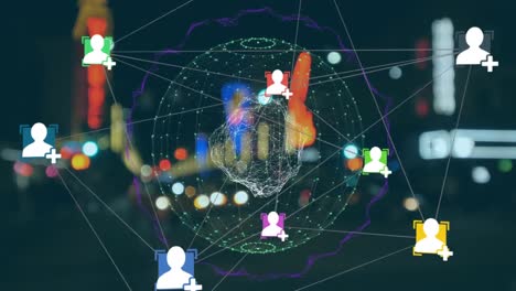 Web of connections icons forming a globe against night cityscape