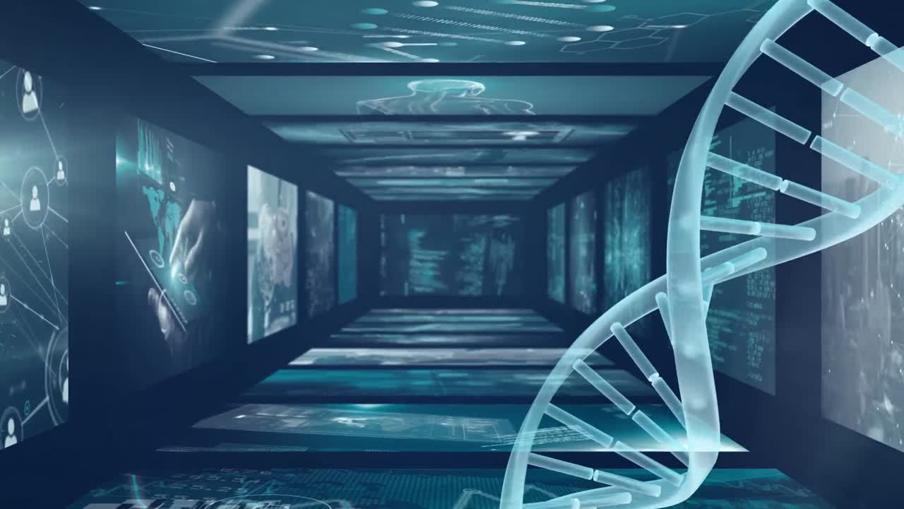 파란색 배경 위에 회전하는 dna의 애니메이션과 화면의 데이터 처리