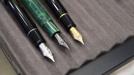 Fountain-pens-are-on-display-for-sale-in-a-pen-shop,-Exploring-the-Artistry-of-Fountain-Pens