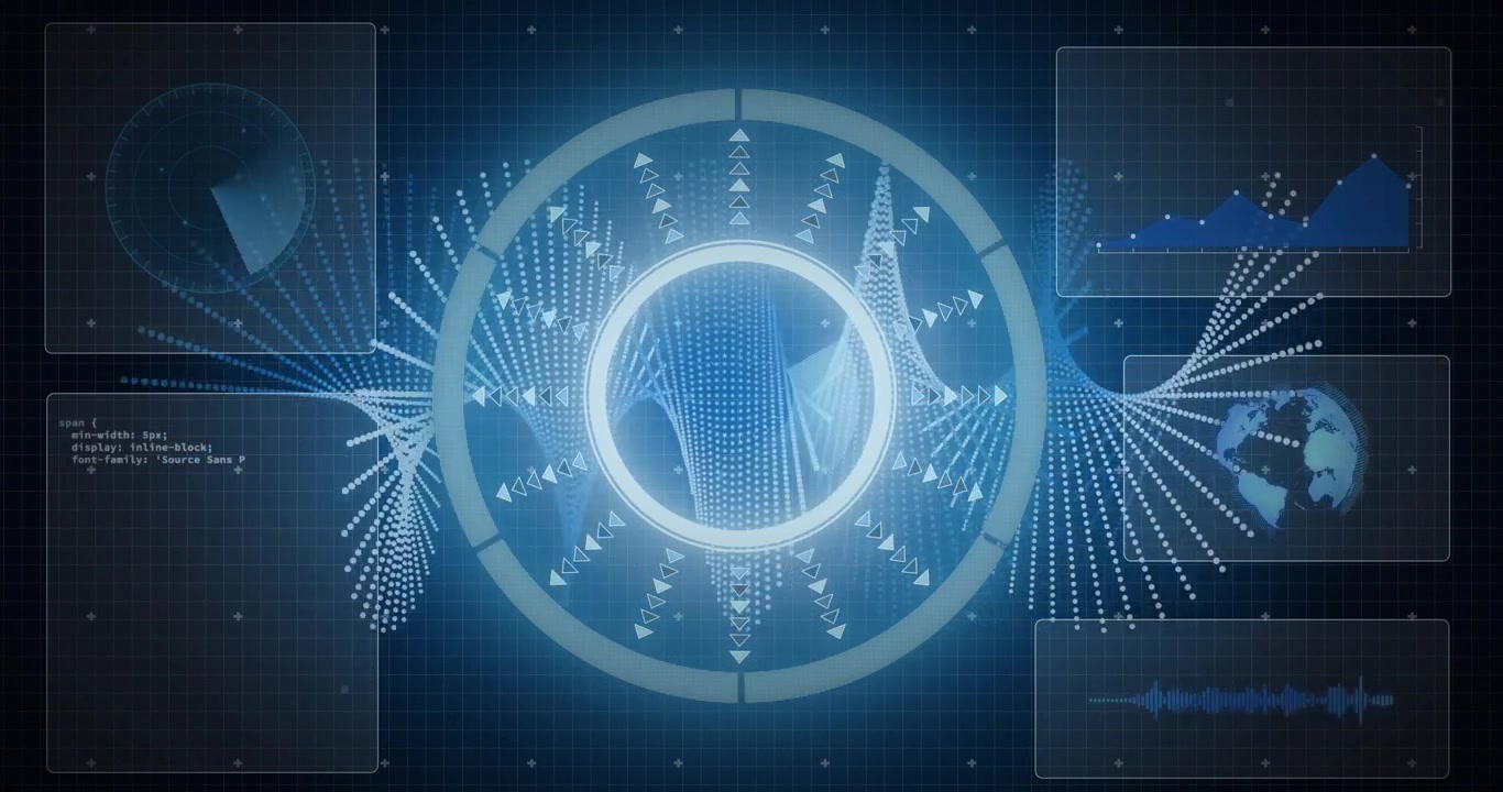 As particles drifting on grid, HUD brightening and graph animating, globe rotating visualizing data
