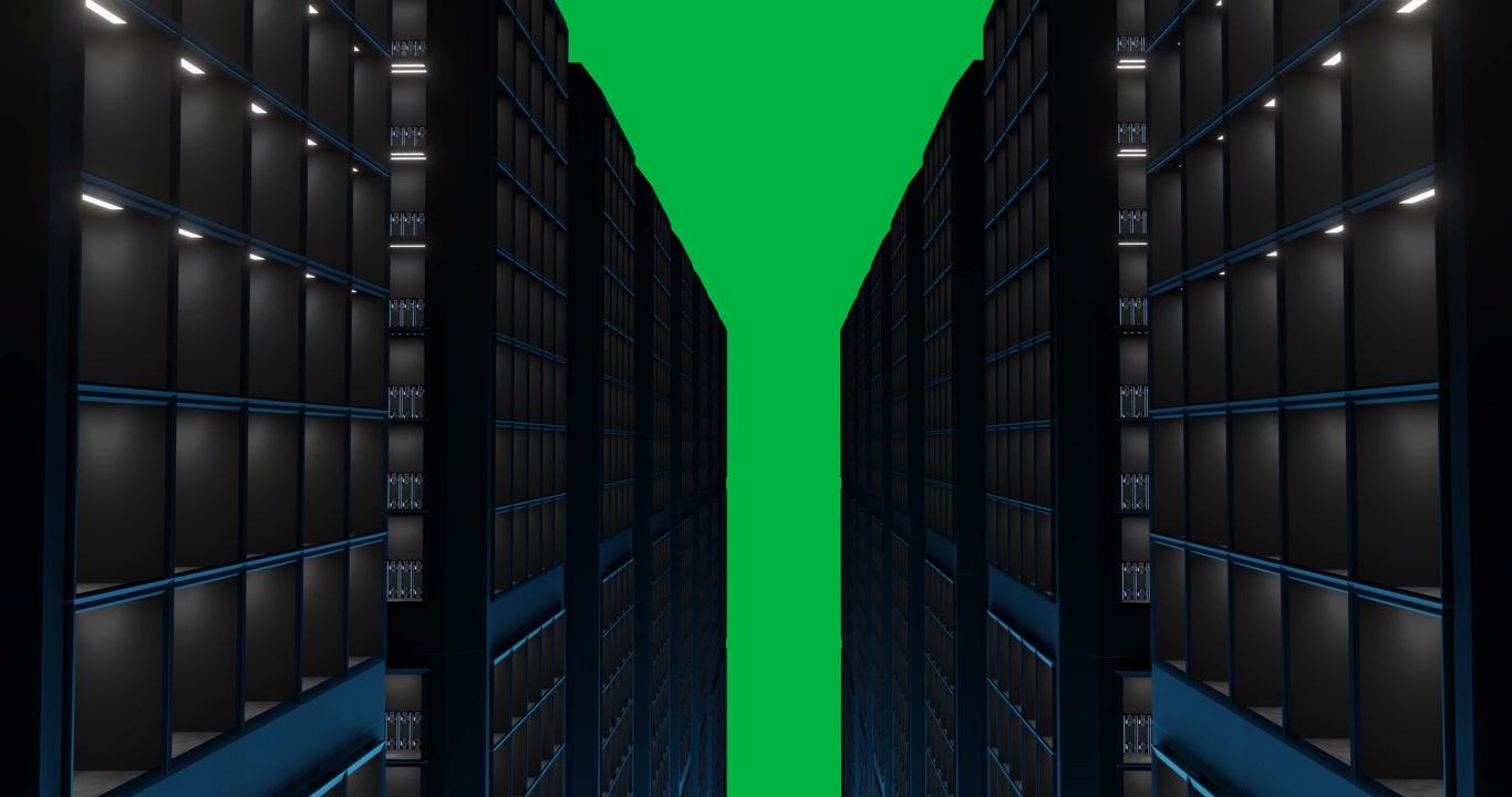 Animation af flimrende lys på servere i et serverrum på gennemsigtig baggrund
