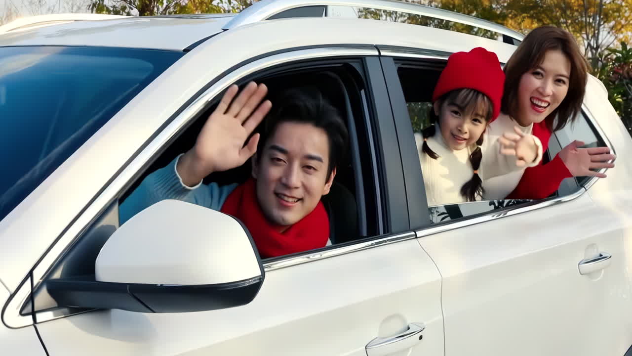 아버지, 어머니, 딸과 함께 즐거운 아시아 가족은 컴트 자동차에서 휴가 모험에 흥분하여 웃고 휴가 여행을 운전합니다.