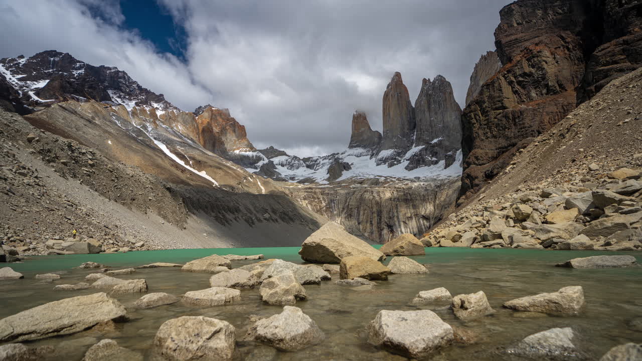 Torres Del Paine Mountain Towers and Lake, Time Lapse Hyperlapse of Clouds Above Andes Landscape, Chile