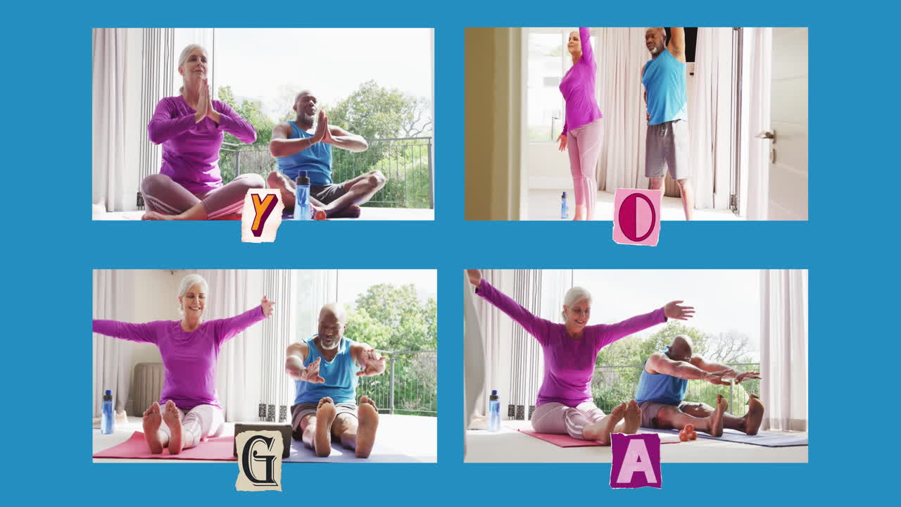 파란색 배경에 집에서 요가를 연습하는 시니어 다양한 커플의 네 프레임의 애니메이션